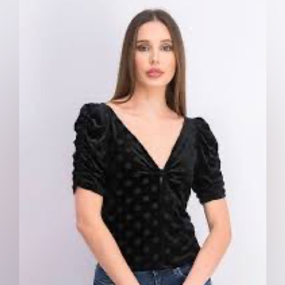 Mango black polka dot velvet ruffle puff sleeved top